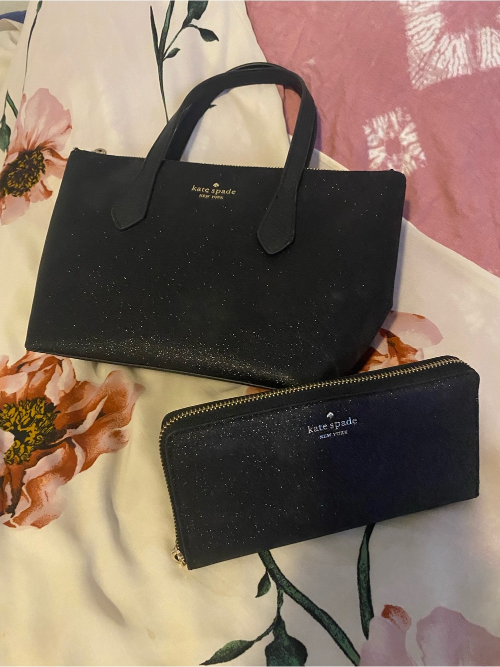kate spade Black Glitter Tote and Zip Wallet Set
